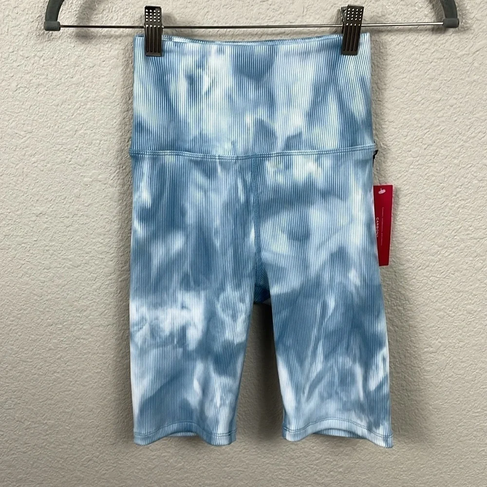NWT Carbon 38 Ribbed Biker Short Long Length Stretch Gym High Rise Blue Sz XS